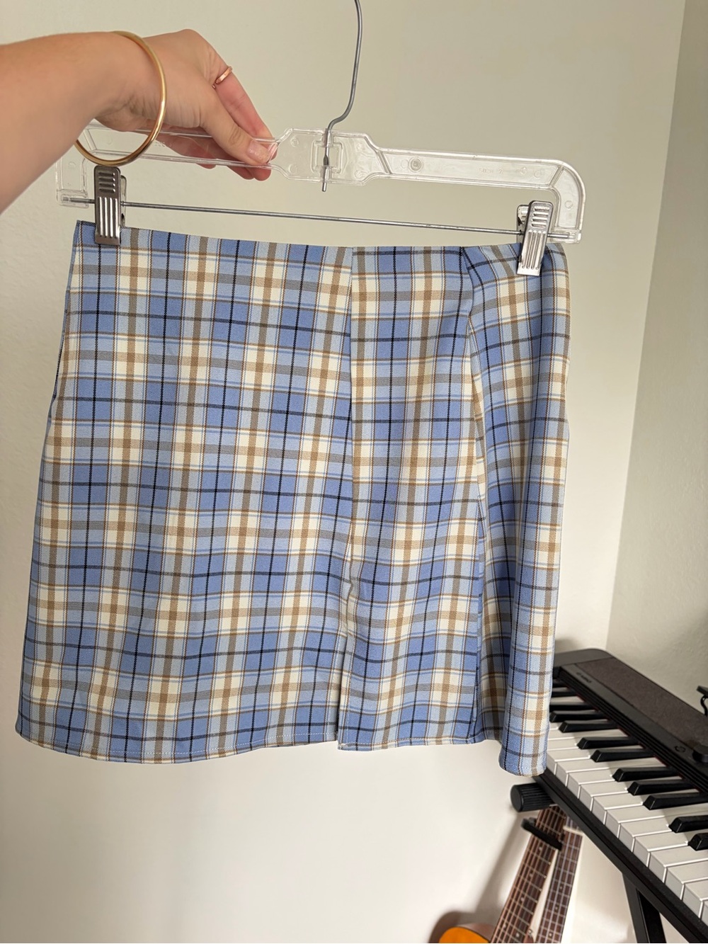 Plaid Mini Skirt in Light Blue and Beige - Women's Skirt